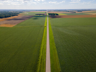 Aerial View of Farm Fields and Road on Summer Day in North Dakota.