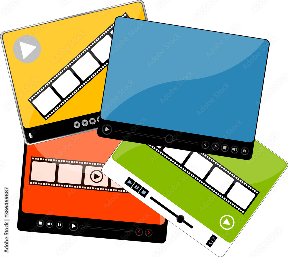 Poster video player in a flat style. video player for the web. video and audio player set isolated on white