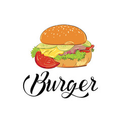 Vector color image of a hamburger in sketch style on a white background.