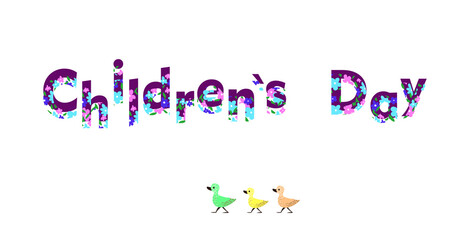 Fototapeta premium world children's day poster design. Image of text on a background of flowers and cute different ducks. Perfect for banners and flyers. EPS10.