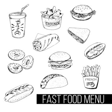 Fast food menu, a vector image of food in the style of a sketch in one color on a white background.