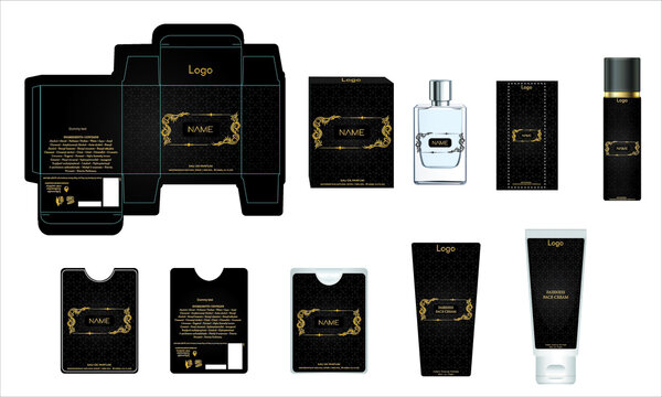 Packaging design, luxury perfume box, pocket perfume, deo design and face cream template and mock up box. Illustration vector.