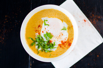Georgian traditional food soup Kharcho or walnuts souse with beef meal and age