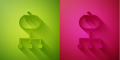 Paper cut Genetically modified food icon isolated on green and pink background. GMO fruit. Paper art style. Vector.