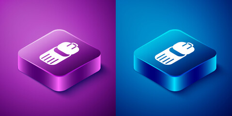 Isometric Trash can icon isolated on blue and purple background. Garbage bin sign. Recycle basket icon. Office trash icon. Square button. Vector.