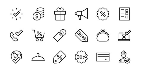 Cyber Monday Icon Set contains discount packages, promotions, shopping cart, big discounts, shopping cart and more. Editable stroke, vector icons