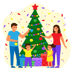 Family father, mother and children decorate green fir tree at home with balls and lightbulbs. Young couple, boy and girl are waiting for holiday with gifts. Christmas and New Years holiday. Vector