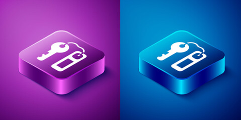 Isometric Hotel door lock key with number tag icon isolated on blue and purple background. Square button. Vector.