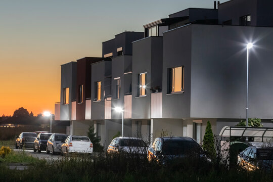 Modern Street With Apartment Building And Led Street Lights