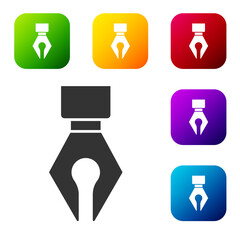 Black Fountain pen nib icon isolated on white background. Pen tool sign. Set icons in color square buttons. Vector.