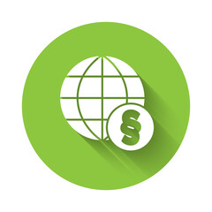 White International law icon isolated with long shadow. Global law logo. Legal justice verdict world. Green circle button. Vector.