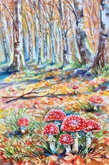 Fly Agaric (Amanita muscaria). Watercolor autumn forest. Red, toxic mushroom. Yellow, orange background. 