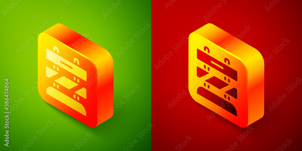 Poster isometric end of railway tracks icon isolated on green and red background. stop sign. railroad buffe