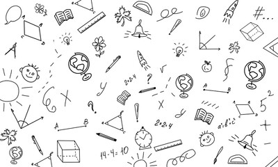 Seamless pattern. Back to school formulas with creative kid's doodle drawing. Doodle freehand drawing on white background.
