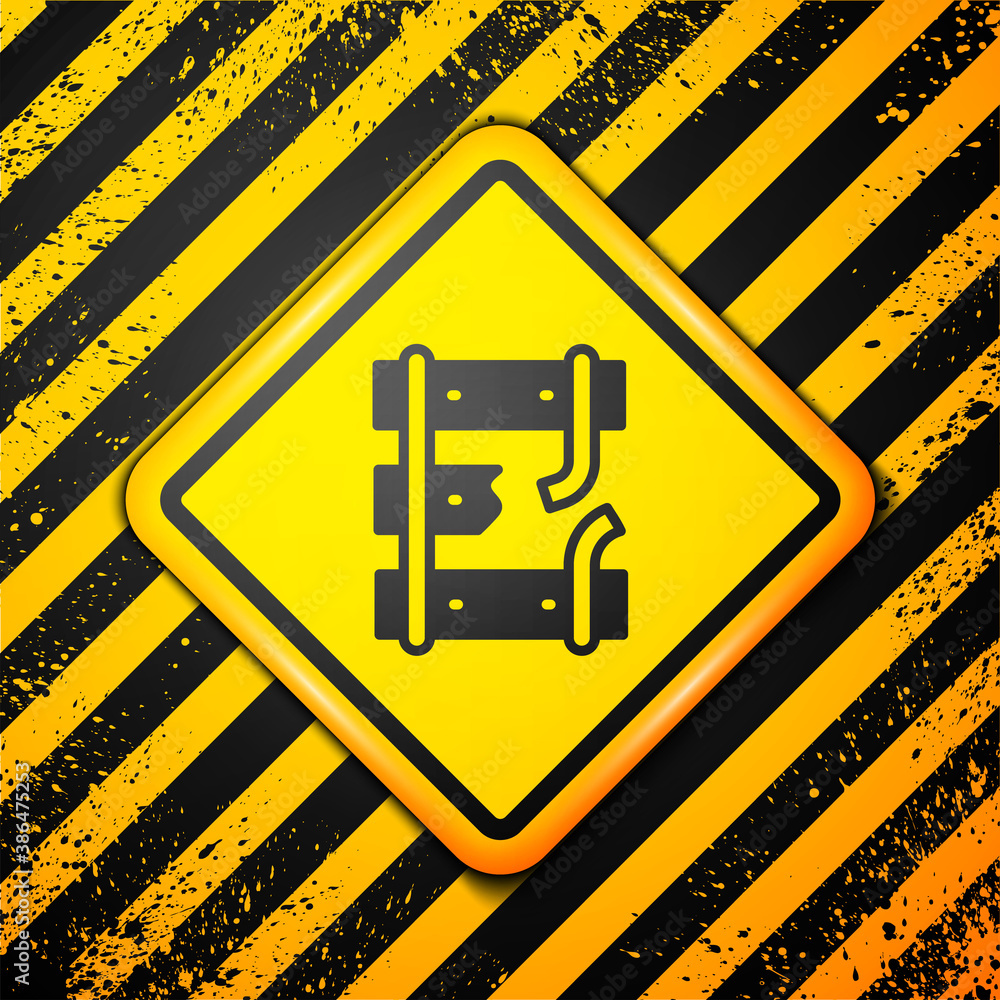 Poster black broken or cracked rails on a railway icon isolated on yellow background. warning sign. vector.