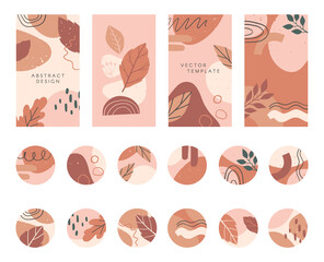 Bundle of editable insta story templates and highlights covers in autumn style.Vector layouts with hand drawn organic shapes and textures.Abstract backgrounds.Trendy design for social media marketing.
