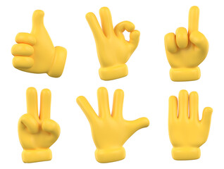 Set of hands gesture icons and symbols. Yellow emoji hand icons. Different gestures, hands, signals and signs, 3d illustration.