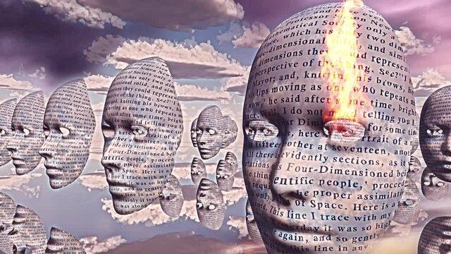 Diembodied faces or masks hover in surreal scene