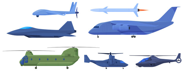 Military aircraft, reconnaissance drones, missiles, fighter, helicopter.  isolated illustration