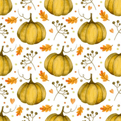 Watercolor autumn seamless pattern for thanksgiving, halloween. For the design of fabric, wrapping paper.