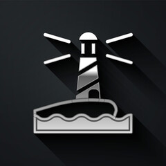 Silver Lighthouse icon isolated on black background. Long shadow style. Vector.