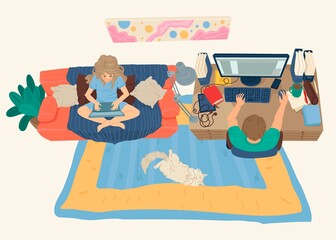Husband and wife work from home, online communication, webinar on the Internet. Hobbies at home. Vector illustration