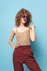 Emotional woman Curly Hair Fun Studio Fashion Clothes red lips 