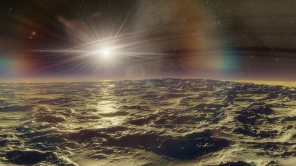 space art with landscape and planets in the sky. Mountains and clouds 3d render	
