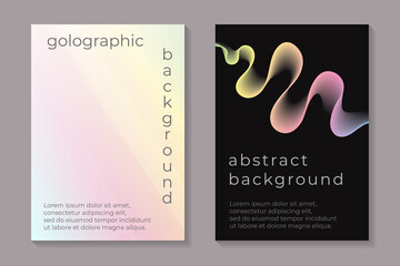 Modern abstract card templates for flyer or poster with holographic or rainbow background and sound wave on black.