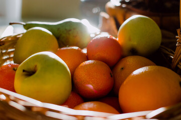 closeup of a wicker basket with different fruits