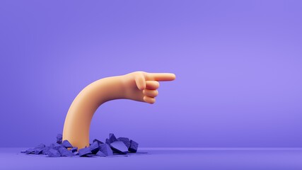 3d render, funny cartoon character elastic hand with pointing finger shows direction. Broken floor. Clip art isolated on violet background