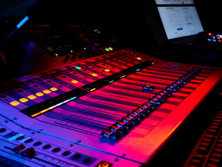 russia october 2020. Close-up of music mixer in the recording studio. low light color