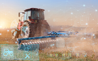 the concept of automation and the use of artificial intelligence in agriculture when processing the soil with a tractor before sowing a crop
