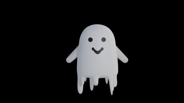 Funny friendly ghost flying on isolated black background, 3d render of halloween cute character.