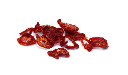 Pile of dried tomatoes isolated on white with smooth shadow.