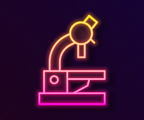 Glowing neon line Microscope icon isolated on black background. Chemistry, pharmaceutical instrument, microbiology magnifying tool. Vector.