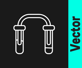 White line Test tube and flask - chemical laboratory test icon isolated on black background. Fluid transfer system. Laboratory glassware sign. Vector.