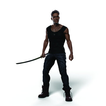 Black Man with Katana Sword (Transparent with Shadows)