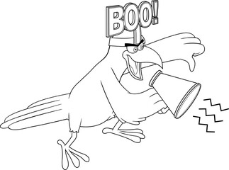 Outlined Crow Bird Character Screaming Into Megaphone And Giving Thumbs Down. Vector Illustration Isolated On White Background