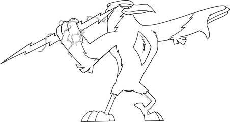 Outlined Thunderbird Bird Cute Cartoon Character Holding A Big Тhunderbolt. Vector Illustration Isolated On White Background