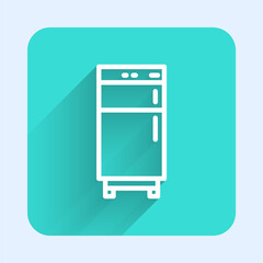 White line Refrigerator icon isolated with long shadow. Fridge freezer refrigerator. Household tech and appliances. Green square button. Vector.