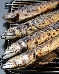 Grilled mackerel fish. Fatty, oily fish is an excellent and healthy source of DHA and EPA, which are two key types of omega-3 acid. Barbecue with fish. 
