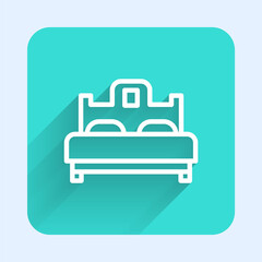 White line Bedroom icon isolated with long shadow. Wedding, love, marriage symbol. Bedroom creative icon from honeymoon collection. Green square button. Vector.