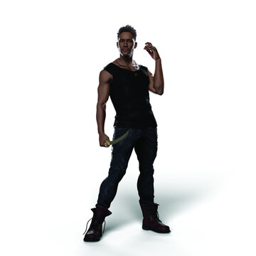 Black Man with Katana Sword (Transparent with Shadows)