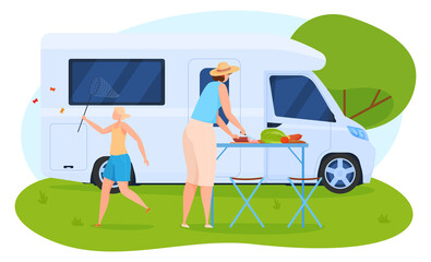 Camping, woman preparing lunch near the house on wheels, girl with a net catches butterflies. Cartoon style, vector illustration