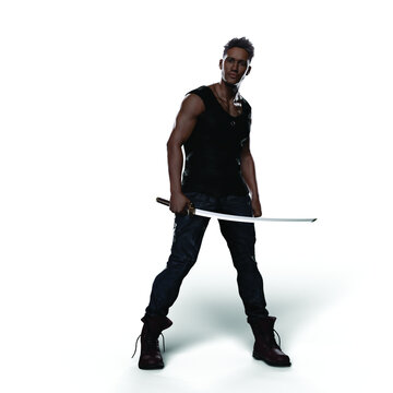 Black Man with Katana Sword (Transparent with Shadows)