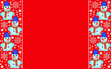 Christmas red background with vertical inserts with a pattern of snowflakes, stars and snowmen for design and decoration, website.