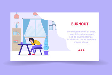 Work burnout. Tired female worker sitting at the table. Long working day in the office. Mental health problem. Flat vector illustration. Vector illustration