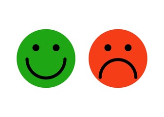 Emoji face simple feedback. Joyful happy green character with smiling face and sad unhappy red with angry depression.