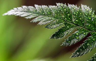 Beautiful background of young green fern leaves with water drops close-up. Rainforest concept.